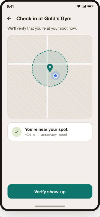 ShowUp Android check-in screen showing a spot radius and location verification status