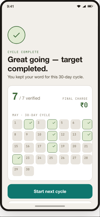 ShowUp Android completed cycle screen with verified progress and final charge of zero