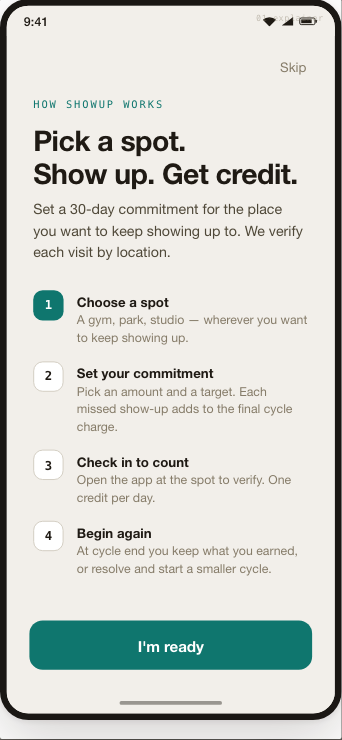 ShowUp Android onboarding screen explaining the four-step commitment flow