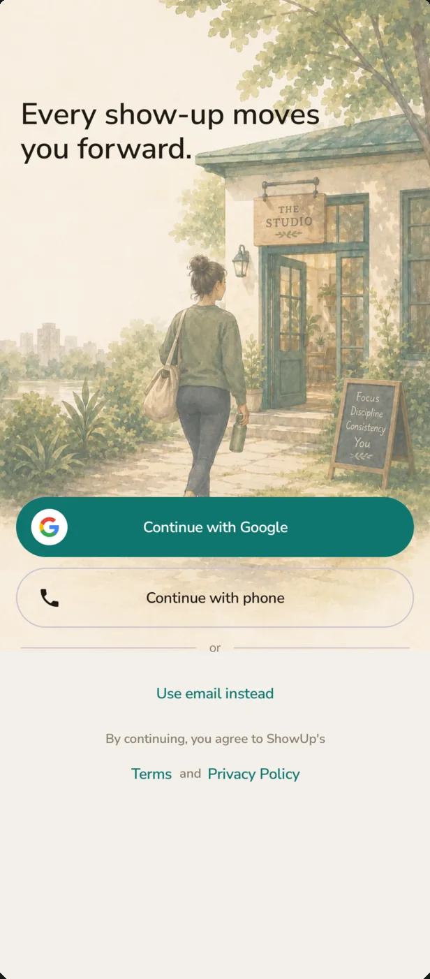 ShowUp Android sign-in screen with options to continue with Google, phone, or email