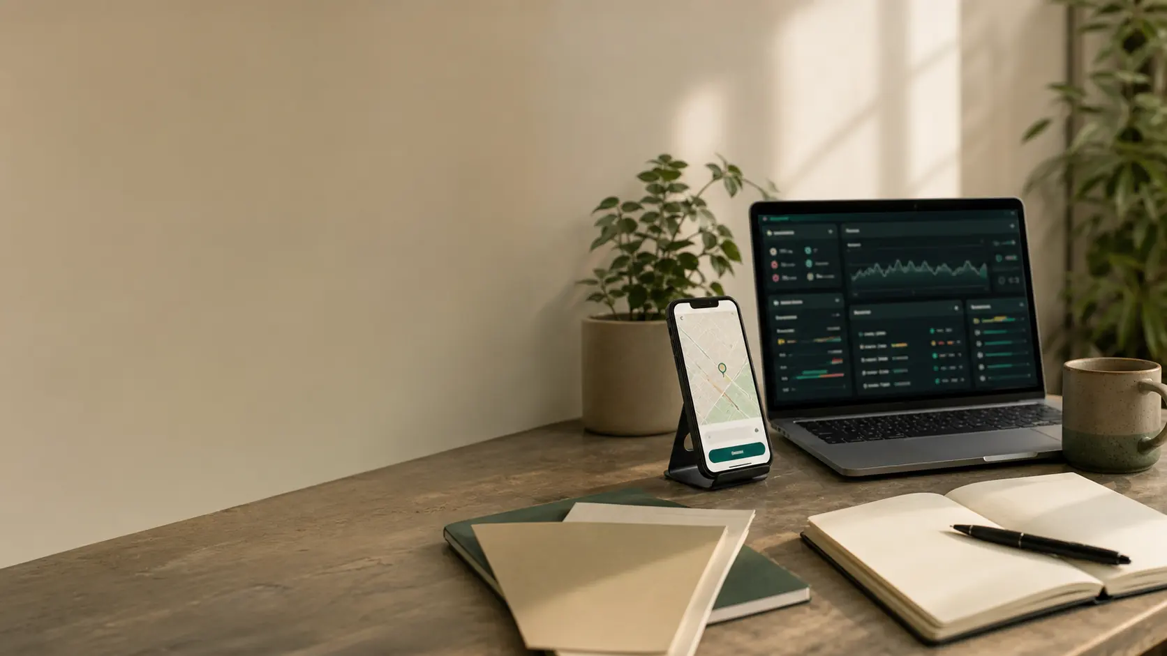Operator workspace with an Android product screen, backend monitoring dashboard, and product planning notes