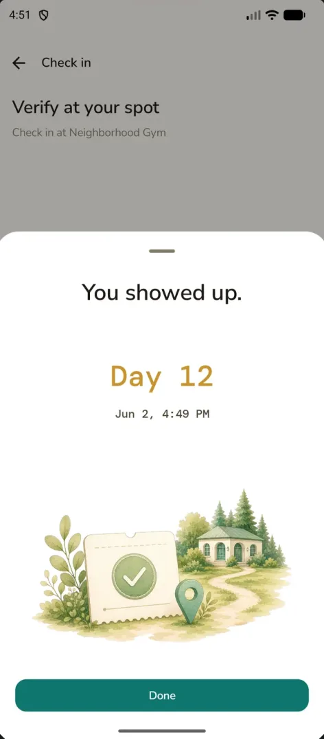 ShowUp Android check-in confirmation showing the day and timestamp of a verified show-up