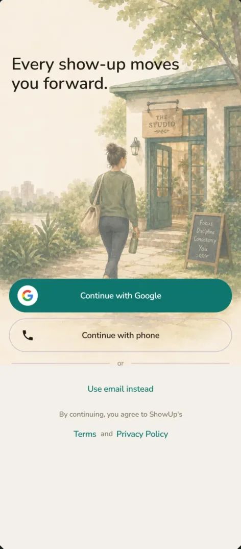 ShowUp Android sign-in screen with options to continue with Google, phone, or email